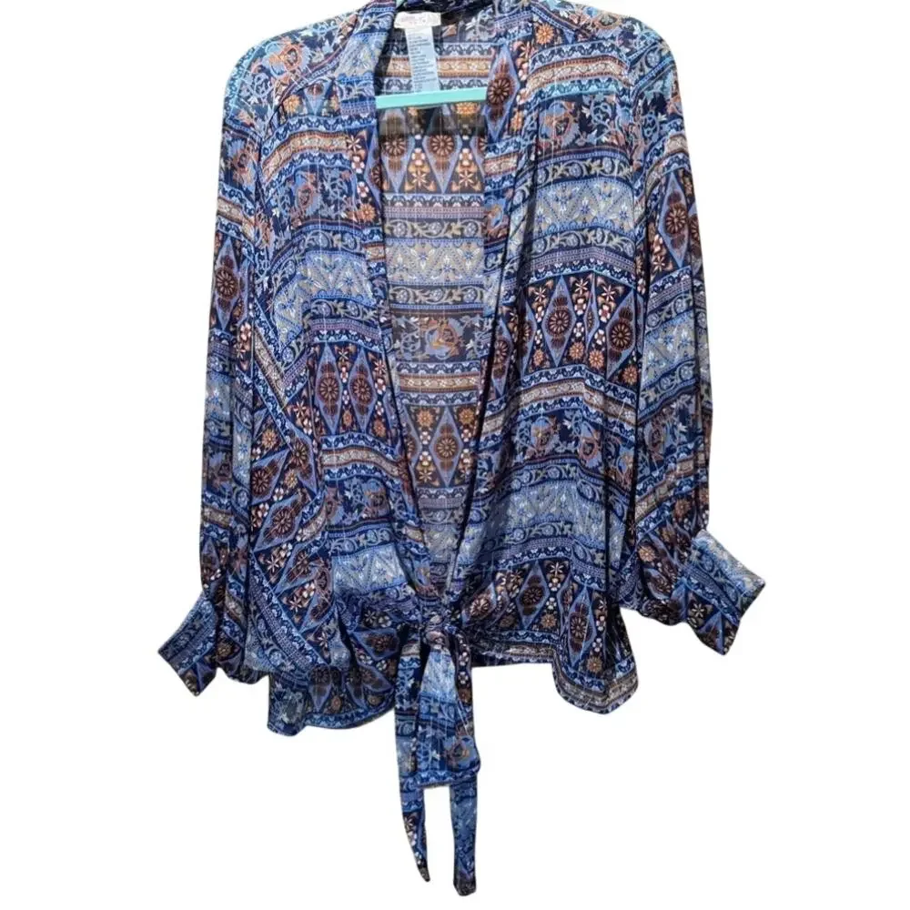 Free People Solstice Shimmer Tie Front Kimono Geometric Blue Shimmer One Size